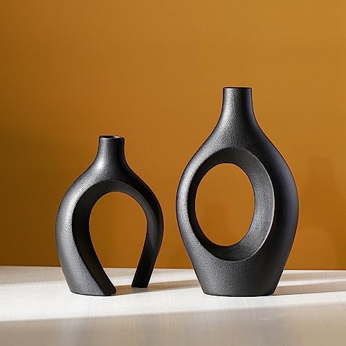 Liotww Extra LargeMatte Black Ceramic Vase Set of 2 Vase for Pampas Grass, Modern Circle Donut Aesthetic Flower Decorative Vases for Nordic Style Boho Home Decor (W 6.8" X H 11") - color: Super Large-matte Black
