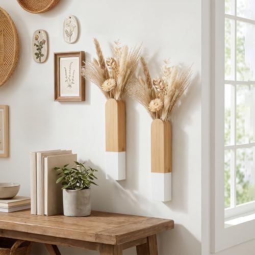 Modern Wood Wall Mounted Vase, White and Natural Wood, 11.8x2.6x1.6 Inches, Decorative Flower Holder for Bathroom Kitchen Farmhouse Dining Room - color: Natural and White