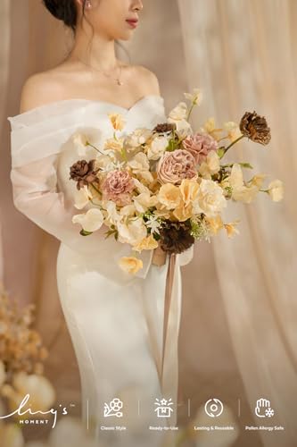 Ling's moment Wedding Bouquets for Bride, Earth Brown & Butter Yellow Bridal Bouquets for Bride, 13 Inch Free Form Artificial Wedding Flower Bouquet for Rustic Wedding Ceremony Anniversary - color: Brn- Earth Brown & Butter Yellow, size: Small 13 Inch