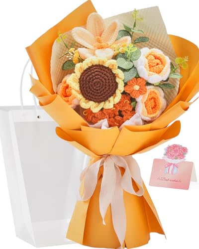 Alecono Crochet Flower Bouquet, Orange Knitted Flowers, Crochet Sunflower Flower for Lover Valentines Day Anniversary Birthday Party Mother's Day Graduation Gifts (Include Card) - color: Orange, size: Large