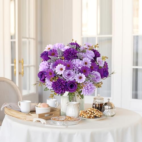 Dremisland Fake Flower Bouquets,2 Packs Silk Rose Daisy Bouquet Artificial Flower Arrangement Realistic Rose Bouquets for Centerpiece Table Wedding Party Bride Home Decor (Double Purple, 2 PCS) - color: Double Purple, size: 2PCS