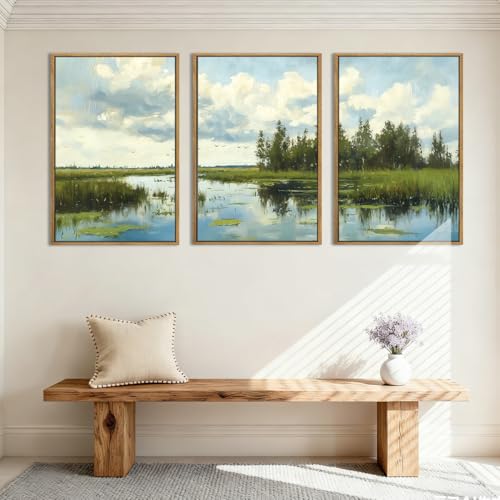 BINCUE Framed Green Nature Wall Art Lake Scenery Wall Decor Landscape Art Print Green Nature Landscape Artwork Green Plants Wall Pictures for Living Room Bedroom Office Farmhouse 16 x24 Inches Set of 3 Gift - color: Farmhouse Landscape, size: 24"L x 16"W