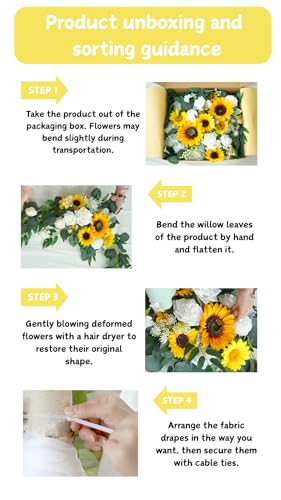 Muhanjia Artificial Arch Flowers Kit(Pack of 4),2Pcs Artificial Flower Arch Decor, 2Pcs Drapes, Ceremony and Reception Background Rose Decoration, Rose Sunflower Floral and Outdoor Party Decor - color: Sunflower