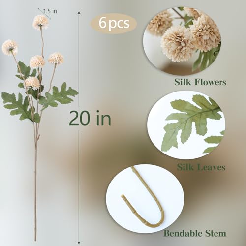 mizii 6Pcs Beige Fake Silk Pompon Mum Artificial Flowers Bulk Small Faux Chrysanthemums with Stems Realistic Floral Decorations for Wedding DIY Bouquet Centerpieces Shower Vase Home Decor (Beige) - color: Beige