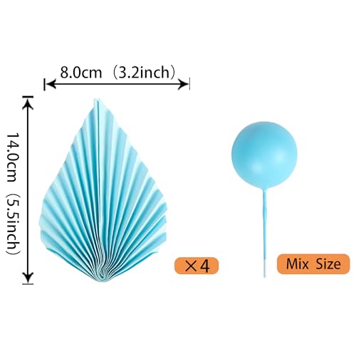 30 Pack Light Blue Paper Palm Fan Cake Topper - Blue Balls Cake Pick for Baby Shower, Wedding, Bridal Shower, Birthday, Anniversary Party - DIY Cake Decorations - color: Design 3 Blue