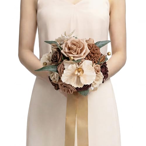 Ling's moment Walnut Brown Artificial Wedding Flower Bouquets for Bridesmaids Brown Floral Bouquet Golden Glove Bridesmaid Bouquets with Ribbon Ceremony Anniversary,7-inch Diameter - color: Br-walnut Brown & Golden Glove