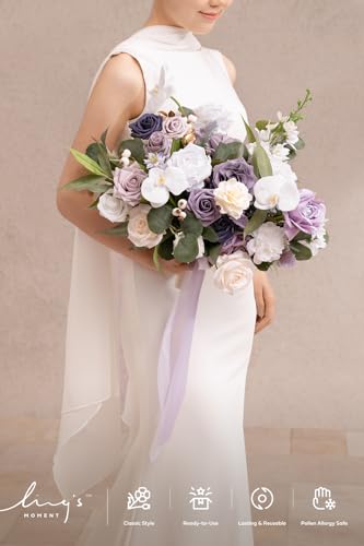 Ling's moment Lilac Wedding Bouquets for Bride, Purple Bridal Bouquets for Bride, 15 Inch Free Form Artificial Wedding Flower Bouquet - color: Prpl-lilac & Gold, size: Medium 15 Inch