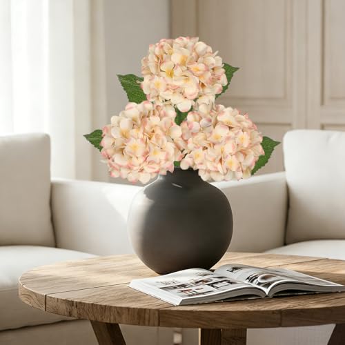 Hollyone 3Pcs Beige Hydrangea Artificial Flowers 28.7" Real Touch Large Faux Silk Hydrangeas Flowers with Stems Fake Flower for Home Wedding Floral Arrangement Centerpiece Table Vase Spring Decor - color: Beige Pink