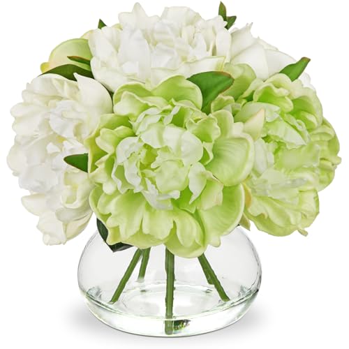 Hollyone White and Green Peonies Artificial Flowers with Vase Faux Flowers Peony Fake Flowers Silk Flower Arrangements in Glass Vase with Faux Water for Bathroom Table Centerpiece Shelf Home Decor - color: Peony, Green