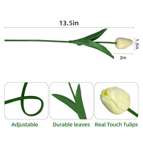 20 Pcs Tulips Artificial Flowers, 13.5'' Real Touch PU Fake Flowers Bouquet for Home Party, Spring Wedding Floral Arrangement, Valentine's, Easter and Mother's Day Decor (Cream) - color: Cream