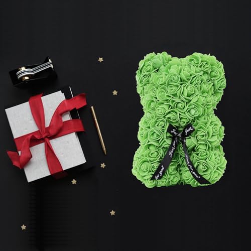 DuHouse Rose Bear Rose Teddy Bear Flower Gift Box for Valentines Gifts Anniversary Christmas,Birthdays Bridal Showers -Fully Handmade 10 inch Flower Bear Clear Gift Box(Green with Necklaces) - color: Green