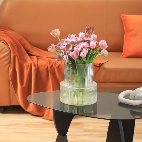 Ribbed Glass Vase, Large Glass Vase for Flowers, Fluted Glass Vases, Clear Glass Vases for Living Room, Office, Dining Table, Entryway, Mantle, Shelf, Wedding, 9 Inches - color: Clear, size: Ribbed 9 Inches