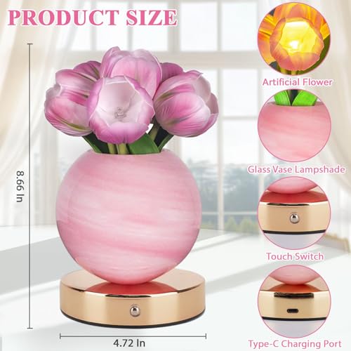 Tulip Table Lamp, Rechargeable Cordless Touch Dimming Artificial Tulip Flower Desk Lamp, LED Flower Bedside Night Light Romantic Gifts for Girl Women Mom (Pink Tulip) - color: Pink Tulip