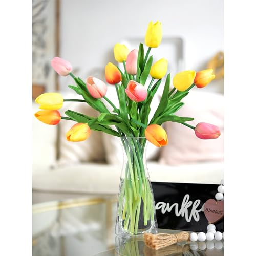 FiveSeasonStuff Real Touch Tulips – 15 Stems Artificial Stems Flowers with Collapsible PVC Vase (Orange, Yellow, Pink) for Home Décor, Gifts, Weddings & Spring Floral Arrangements - color: Festive Bloom With Vase