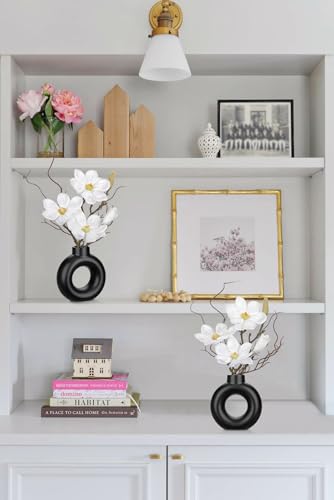 Briful 2PCS Magnolia Artificial Flowers with Black Vase White Magnolia Floral Arrangement Faux Potted Silk Flowers for Home Office Bathroom Kitchen Shelf Table Centerpiece Modern Decor - color: White Black