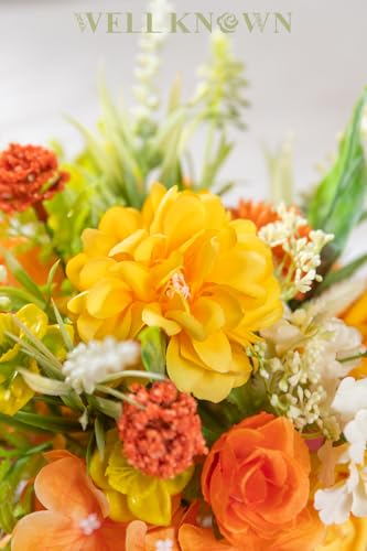 WELL KNOWN Small Fake Flowers in Plastic Vase, 7" Yellow Orange Silk Flower Arrangements for Home Decor, Indoor Artificial Flower Bouquet Centerpieces for Dining Kitchen Wedding Coffee Table Decor - color: Orange & Yellow