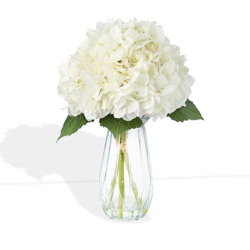 5-Piece Artificial Hydrangea Arrangement in Glass Vase - Fade-Resistant Silk Flowers with Faux Water for Table Centerpieces - color: Multi-hydrangea Stem in Vase, size: White