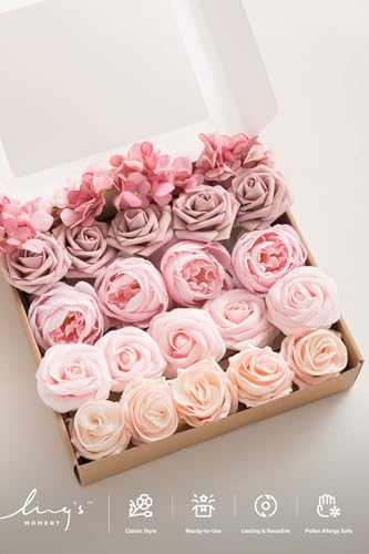 Ling's moment Artificial Flowers Fake Silk Hydrangea Foam Roses Faux Gardenia Combo for DIY Wedding Bouquets Centerpieces Arrangements Bridal Shower Party Home Decorations, Pink & Blush, 24pcs - color: Pk-pink & Blush
