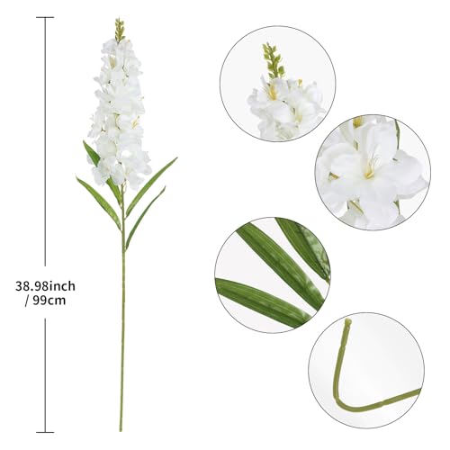 IPOPU 6PCS Delphinium Artificial Flowers 39" Realistic Faux Hyacinth Long Stem Delphinium Silk Flowers for Tall Vase Filling Wedding Centerpieces Home Decor (White) - color: White
