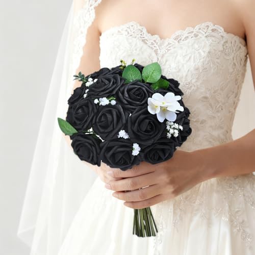 25 Pcs Artificial Flowers Fake Rose with Stems - Black Real Touch Foam Roses for DIY Wedding Bouquet Bridal Shower Cake Toppers Centerpiece Table Valentines Day Decorations - color: Black, size: 25Pcs
