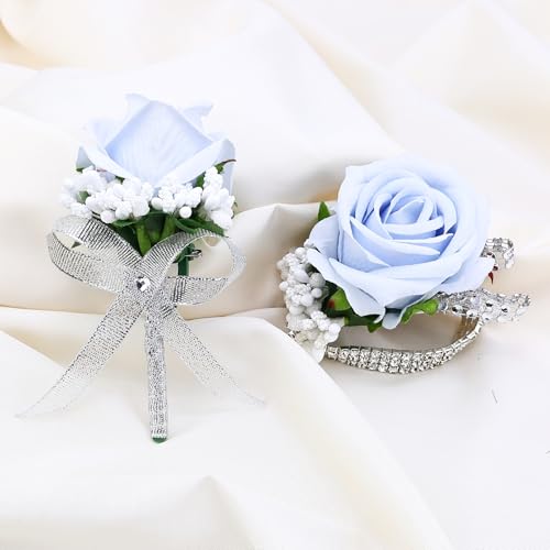 2Pcs Light Blue Rose Corsage and Men Boutonniere Set Women Wristlet Band Wrist Bracelets, for Prom Wedding Ceremony Flowers Decorations and Homecoming Party Accessories - color: Light Blue, size: 1 Boutonniere & 1 Wrist Corsage