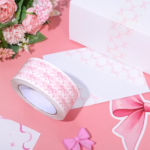 Whaline 109 Yard Pink Bow Packing Tapes Coquette Bowknot Decorative Gift Wrapping Tape for Small Business DIY Crafts Box Carton Decor - style: Pink Bow