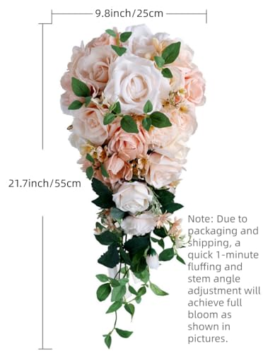 9.8 Inch Cascading Bridal Bouquet Waterfall Cascade Wedding Bouquet Bride with Artificial Rose Flower Rustic Boho Wedding Ceremony Bouquet Light Peach Pink and Champagne - color: Light Peach & Champagne