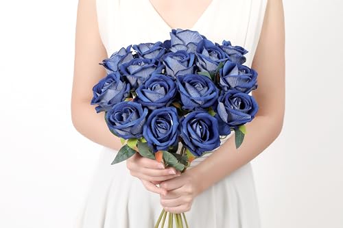 SITUMEIZI 15PCS Blue Artificial Roses Silk Flowers Fake Roses Realistic Bouquet Long Stem with Gift Box for Mother's Gift Day Home Party Wedding Decorations - color: Blue