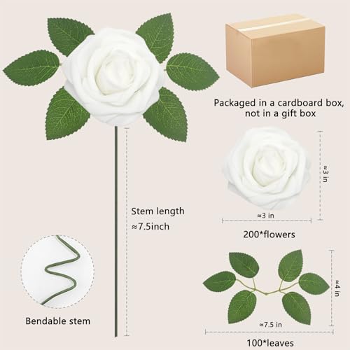 200PCS White Realistic Roses - Artificial Latex Foam Flowers with Bendable Stems & 100PCS Leaves for Wedding, Home and Party DIY Decor - color: White, size: 200