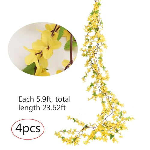 4pcs 23.6ft Forsythia Garland Artificial Flower Garlands Spring Garland for Mantle Fake Hanging Flower Vines Home Wall Home Party Wedding Indoor Outdoor Bedroom Wedding Decoration - color: 4 Pcs Garlands
