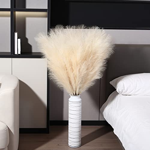 8 Pcs 45 inch Tall Faux Pampas Grass Decor, Large Artificial Beige Pompous Grass Bulk, Long Fake Pompas for Floor Vase Filler, Wedding, Baby Shower, Home and Boho Decor (Beige) - color: Beige