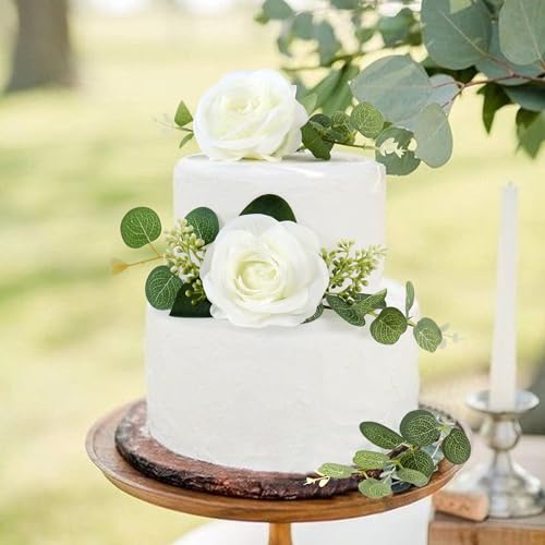 16pcs Artificial 3D Flower Cake Toppers White Rose Floral Cake Decors for White Wedding Anniversary Bridal Engagement Fairy Baby Shower Valentine's Mother's Day Birthday Party Decoration - color: White 2