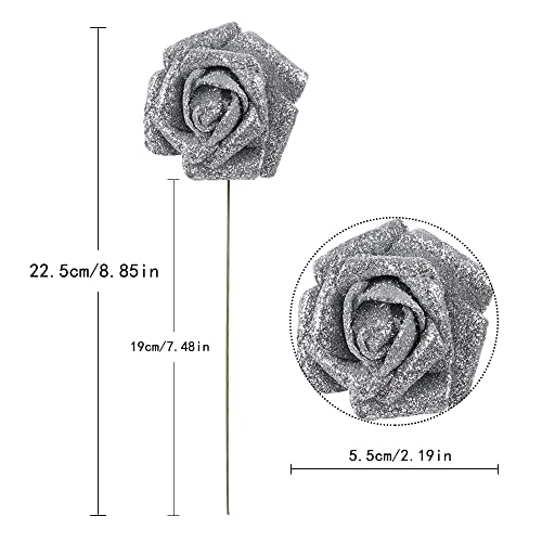 IPOPU Silver Roses Artificial Flowers,50pcs Glitter Flowers Fake Foam Roses with Stem for DIY Wedding Bridal Bouquet Home Party Christmas Decoration(Silver) - color: 50pcs Silver
