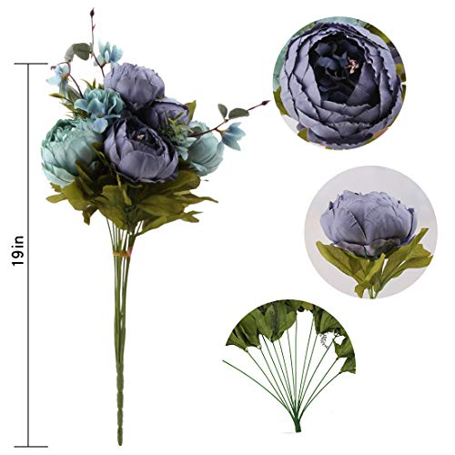 Silk Peony Bouquet Vintage Artificial Peonies Flower for Home Wedding Party Decor (1pcs, Blue) - color: Blue