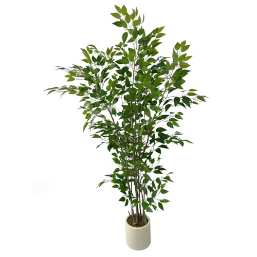 6ft Artificial Ficus Tree with White Plastic Planter | Collapsible trunk structure enables quick assembly and compact space-saving storage - color: Green, size: 6ft