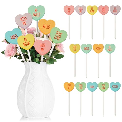 TICIAGA Valentines Wooden Decorative Picks - 14PCS Valentine’s Day Double-Sided Wooden Heart Picks with Words Romantic Farmhouse Decor Colorful Floral Holiday Decorations for Home Vase Filler - color: Colorful Heart With Words