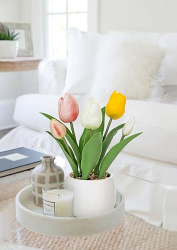 Hollyone Tulips Artificial Flowers in Vase Fake Tulips Silk Flowers Arrangements Faux Tulip Bulbs with Ceramic Pot Tulip Potted Plants Floral Bouquet for Home Decor Table Centerpiece Decorations - color: Small - Mixed