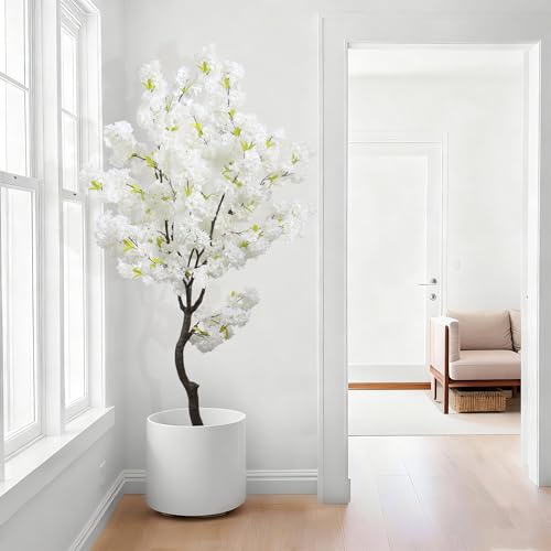 Large Artificial White Cherry Blossom 6ft(72in) Faux Floor Green Plant for Indoor Decor Natural Potted Tree Realistic Cherry Flowers Wood Trunk for Home Living Room,Office Perfect Housewarming Gift - color: Cherry Blossom(white 11), size: 6ft