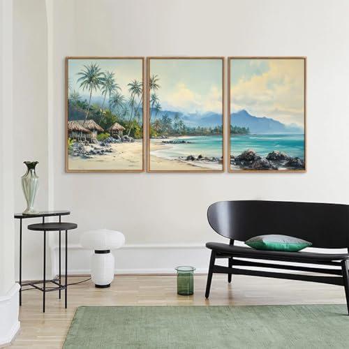 Rantodecor Tropical Coastal Framed Canvas Wall Art, Beach Landscape Posters Wall Decor, Island Palm Trees Beach House Art Paintings, Seascape Mountains Artwork for Bedroom Living Room Office 24"x36"x3 - color: Tropical Coastal, size: 36"x24"