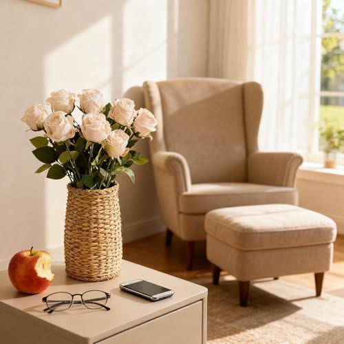 12 Pcs White Roses Artificial Flowers -20" Silk Roses Bouquet, Fake Roses Long Stem for Arrangement Wedding Centerpiece Mother's Day Home Office Party Decor - color: White
