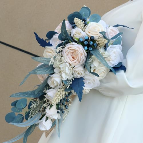 10.2 Inch Cascading Bridal Bouquet Waterfall Cascade Bridal Wedding Bouquet for Bride Rustic with Artificial Champagne Rose Flower and Peacock Blue Leaves - color: Champagne Rose & Peacock Blue Leaves