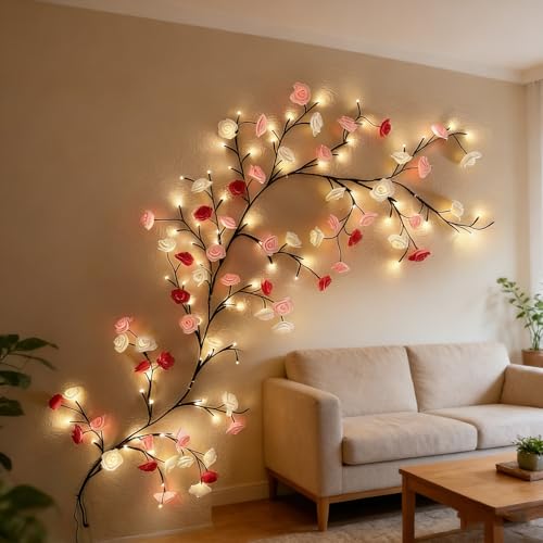 Rose LED Tree Branch Lights for Wall,Led Rose Blossom Lights Twig Decor with 144 LED Flower String Lights and USB Powered, 8 Lighting Modes for Indoor Window Wedding Valentine's Day Decor (91in) - size: 91in, style: Rose