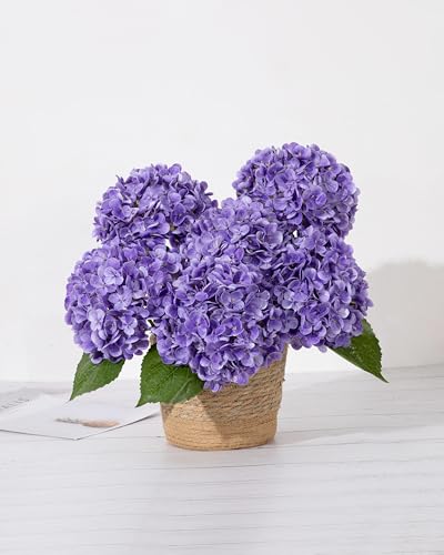 DuHouse 3Pcs Hydrangea Artificial Flowers,Latex Real Touch Hydrangeas with Long Stems & Leaves for Home Decor Party Floral Arrangements Wedding Bouquets Centerpieces(Purple) - color: Purple, size: 3pcs
