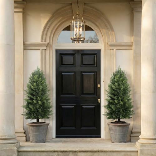 Joyooss 3FT Artificial Cedar Topiary Ball Trees Outdoor Fake Plants Faux Plants Front Porch Decor for Indoor Outdoor Garden Plant 2 Pack Fake Evergreen Bush UV Resistant with Ground Spike - size: 3FT