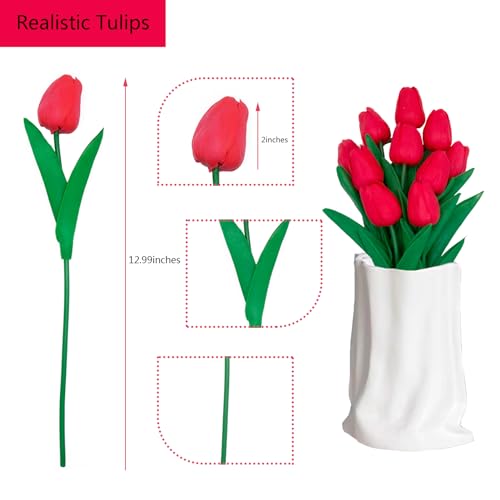 Red Flowers Fake Tulips Artificial Flowers, 13 Inch Real Touch PU Flowers for Decoration, 10 Pcs Tulip Flowers Bouquet for Vase, Mother's Day Easter Valentines Gifts - color: Red
