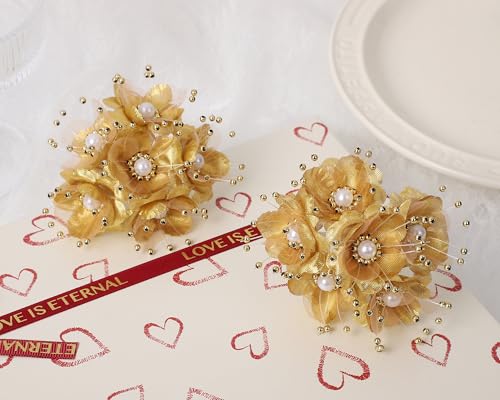 72PC Artificial Silk Pearl Spray Craft Flower for Home Craft Decor DIY Wedding Bridal Veil Headband Dress Cake Topper Embellishment Scrapbook Favor Corsage Floral Bouquet Arrangement (Gold) - color: Gold