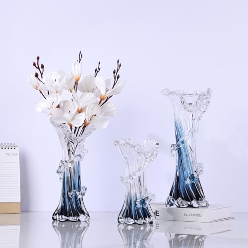 Hand Blown Blue Glass Vase, Unique Art Beautiful Ocean Glass Vase for Coastal Home Decor, Coffee Table, Living Room, Office Decor - 11.8" H(Large) - size: Large