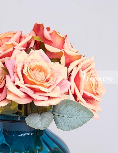 PONKING 3.1"(8cm) Manta Rose Artificial Flower 7pcs Realistic Faux Silk Roses Fake Flowers Bouquets Arrangements Decor for Wedding Spring Mother's Day, Home Table Decorations, Orange Flower - color: B 7pcs Orange Rose