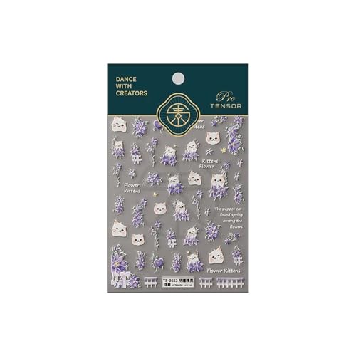 Purple Flower Nail Art Stickers 5D Powder Blusher Cat Nail Decals 1PCS Embossed Heart Petal Lavender Design Stickers Summer Floral Adhesive Nail Accessories for Manicure Decor - style: Style6-Lavender Cat