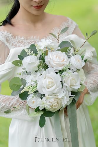 10 Inch White&Greenery Bridal Bouquet,Wedding Bouquet,Bride Bouquets for Wedding Ceremony Anniversary, Party and French Rustic Vintage Wedding,Artificial Flowers… - color: White & Greenery, size: 10 Inch